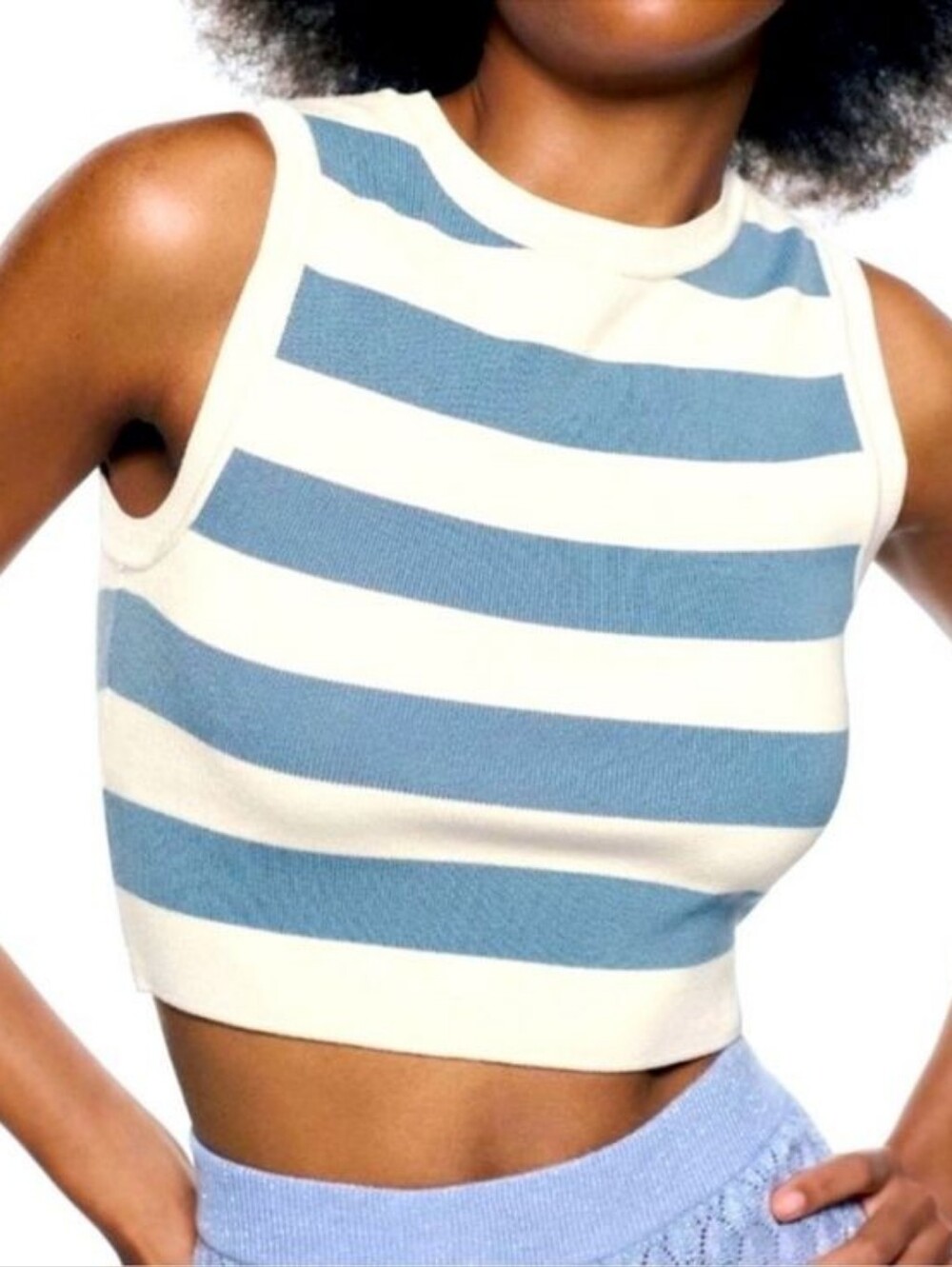 Zara Blue And White Striped Cropped Knit Vest Top